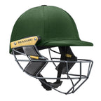 Green Masuri E-Line cricket helmet with steel protective grill.