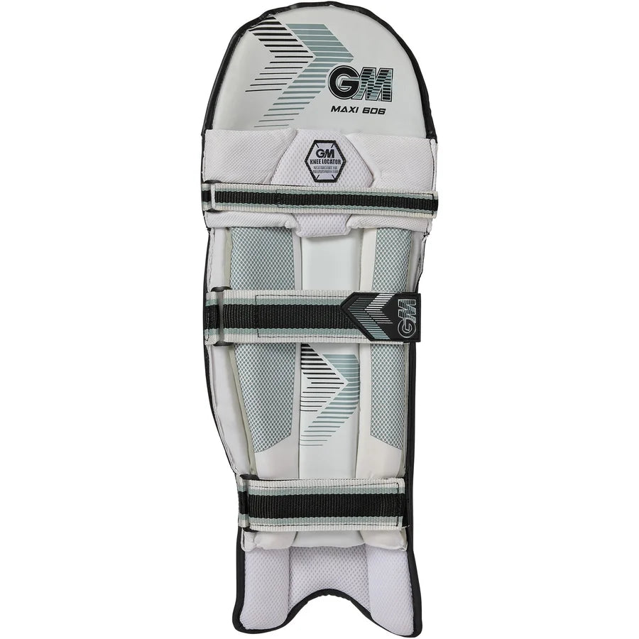 Back view of black GM Maxi 606 Batting Pads 2026 showing low density foam bolsters and three adjustable straps