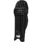 Front view of black Gunn & Moore Maxi 606 Batting Pads 2026 featuring traditional cane construction and GM logo