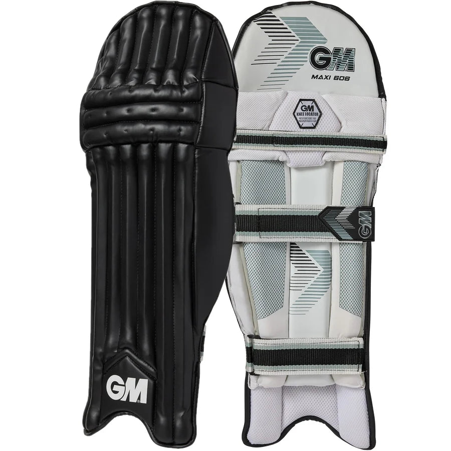 Front and back view of black Gunn & Moore Maxi 606 Batting Pads 2026 showing PVC facing and knee locator