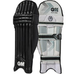 Front and back view of black Gunn & Moore Maxi 606 Batting Pads 2026 showing PVC facing and knee locator