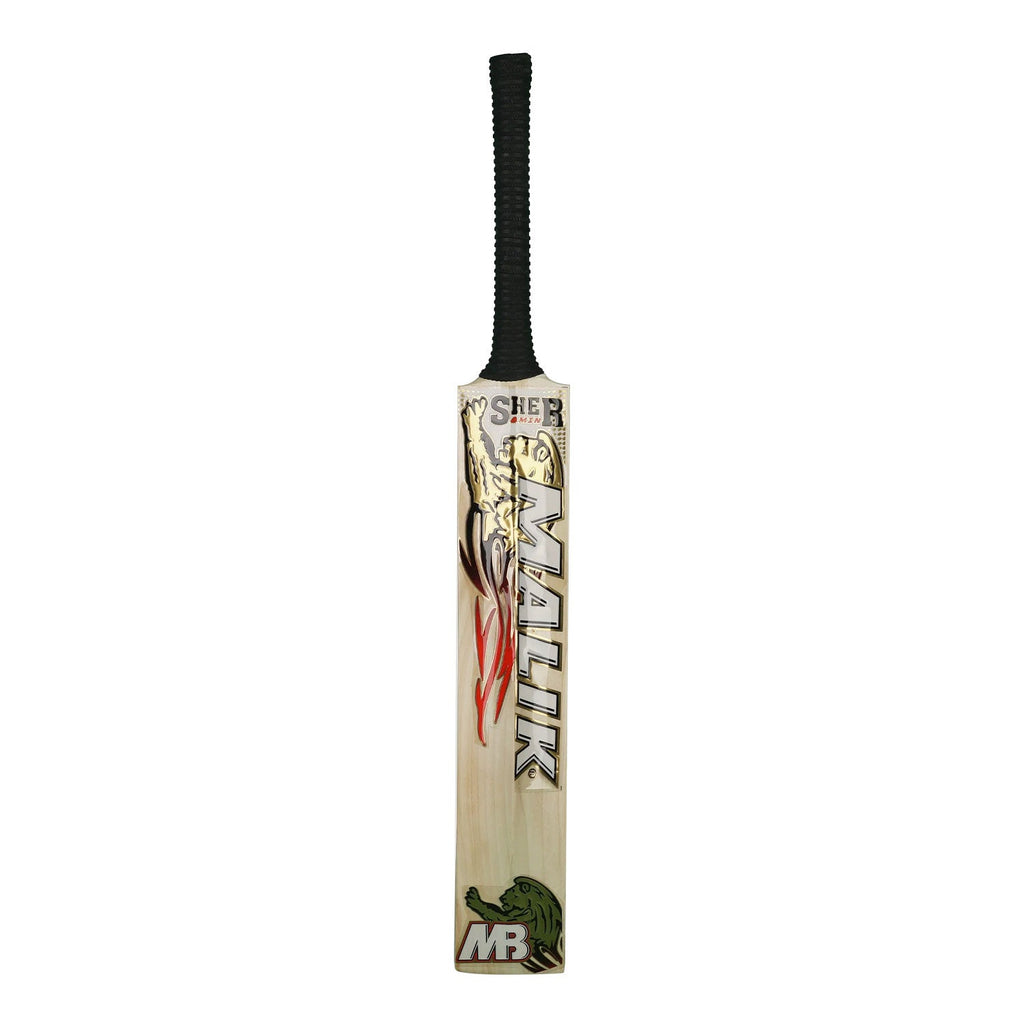 MB Malik brand logo and branding on the shoulder of the English willow cricket bat.

