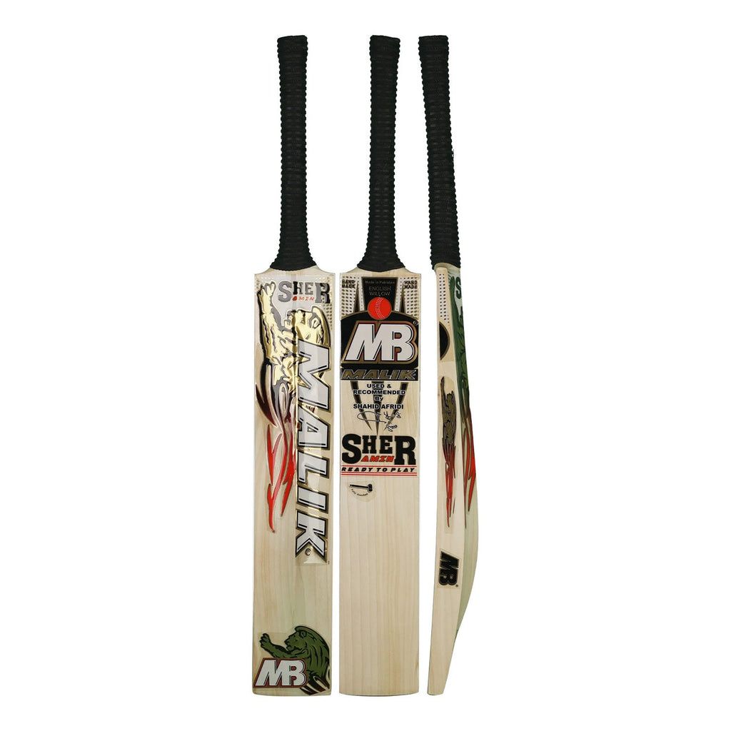 MB Malik Sher Amin English Willow cricket bat, full front view showing its clean finish and professional shape.