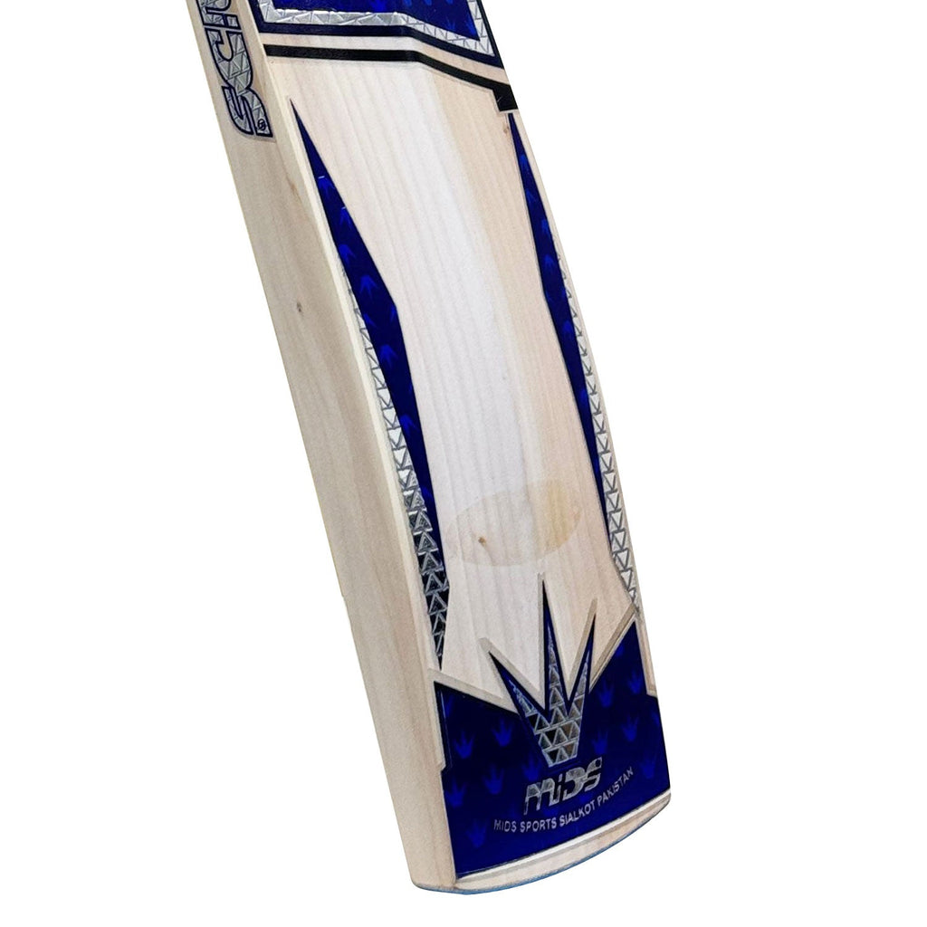 Close-up of the reinforced toe on the English willow cricket bat.

