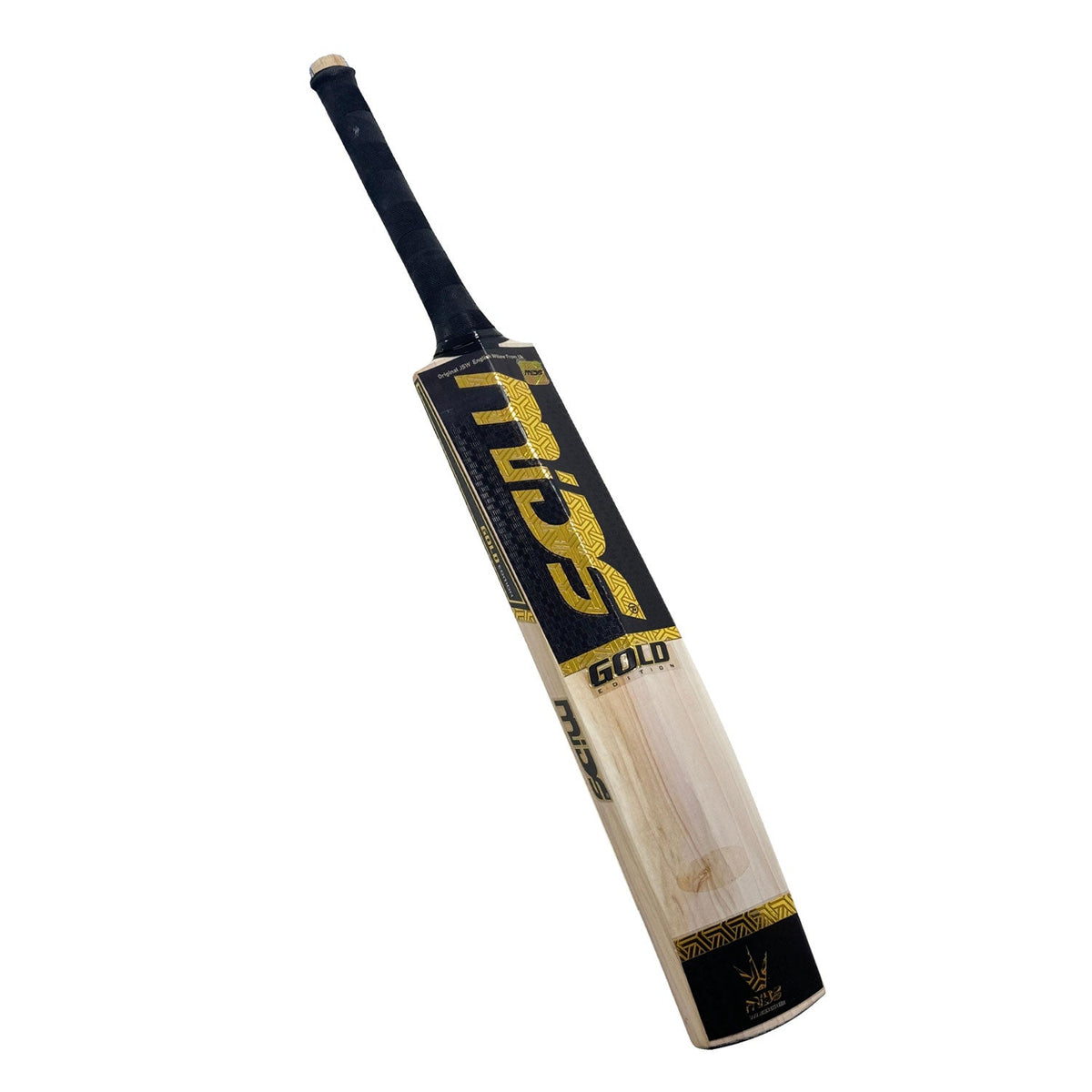 The Mids Gold cricket bat held at a 45-degree angle to show its full profile and clean finish.