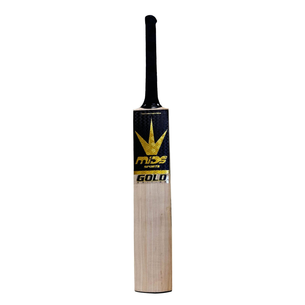 Detail shot of the unique Mids Gold branding and logo stamped on the face of the bat.


