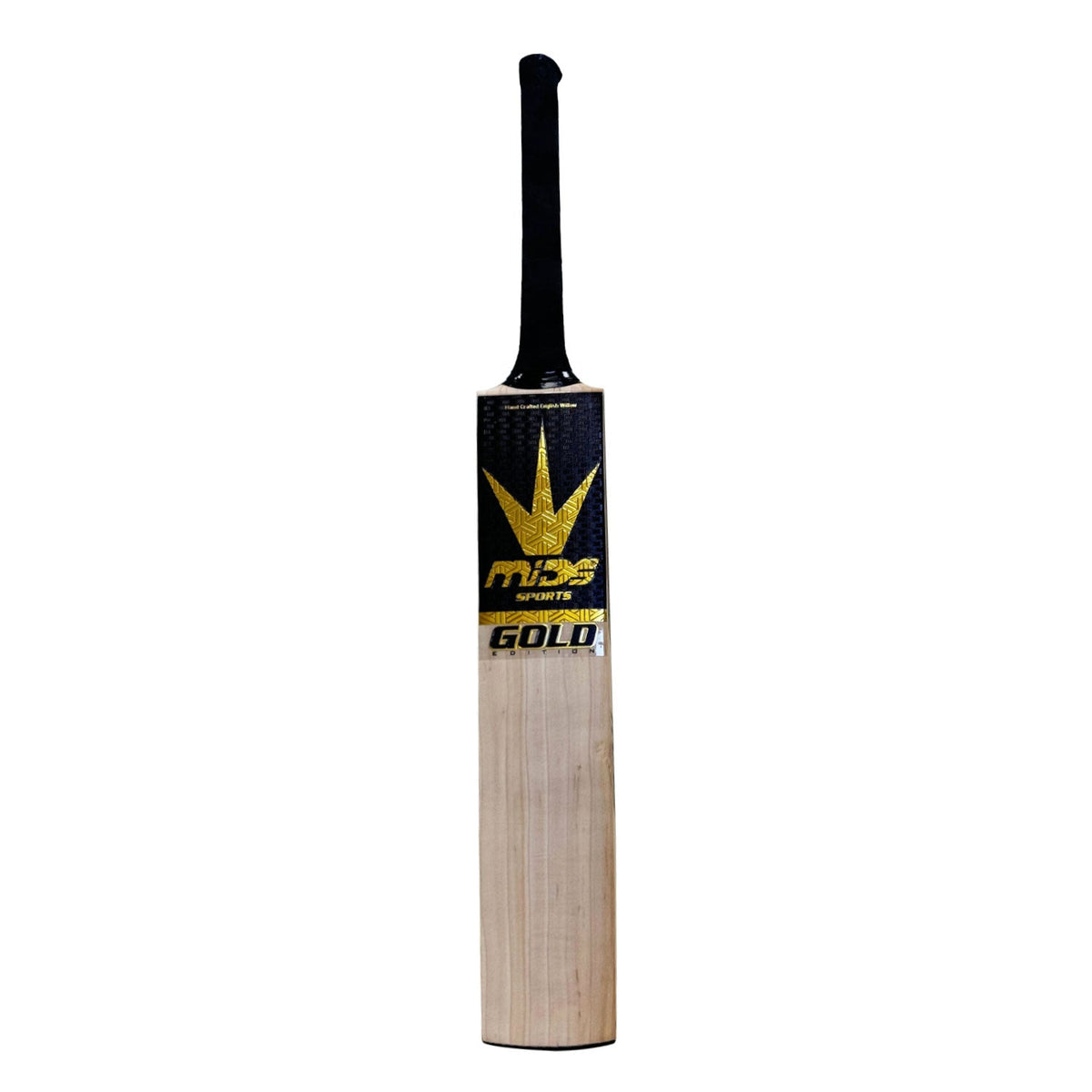 Detail shot of the unique Mids Gold branding and logo stamped on the face of the bat.

