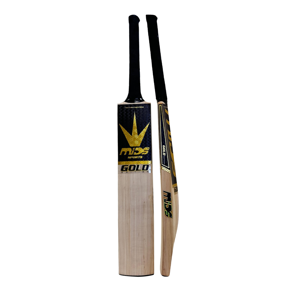 Mids Gold English Willow Cricket Bat with full cover and bold gold branding.