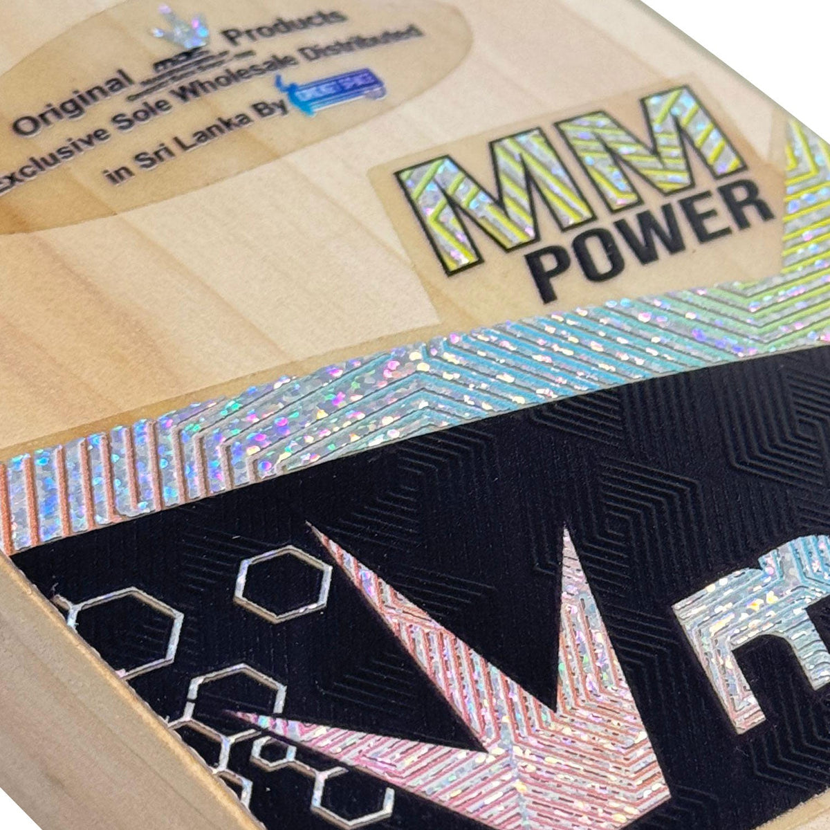Mids MM Power bat face showing the premium Grade English Willow quality.