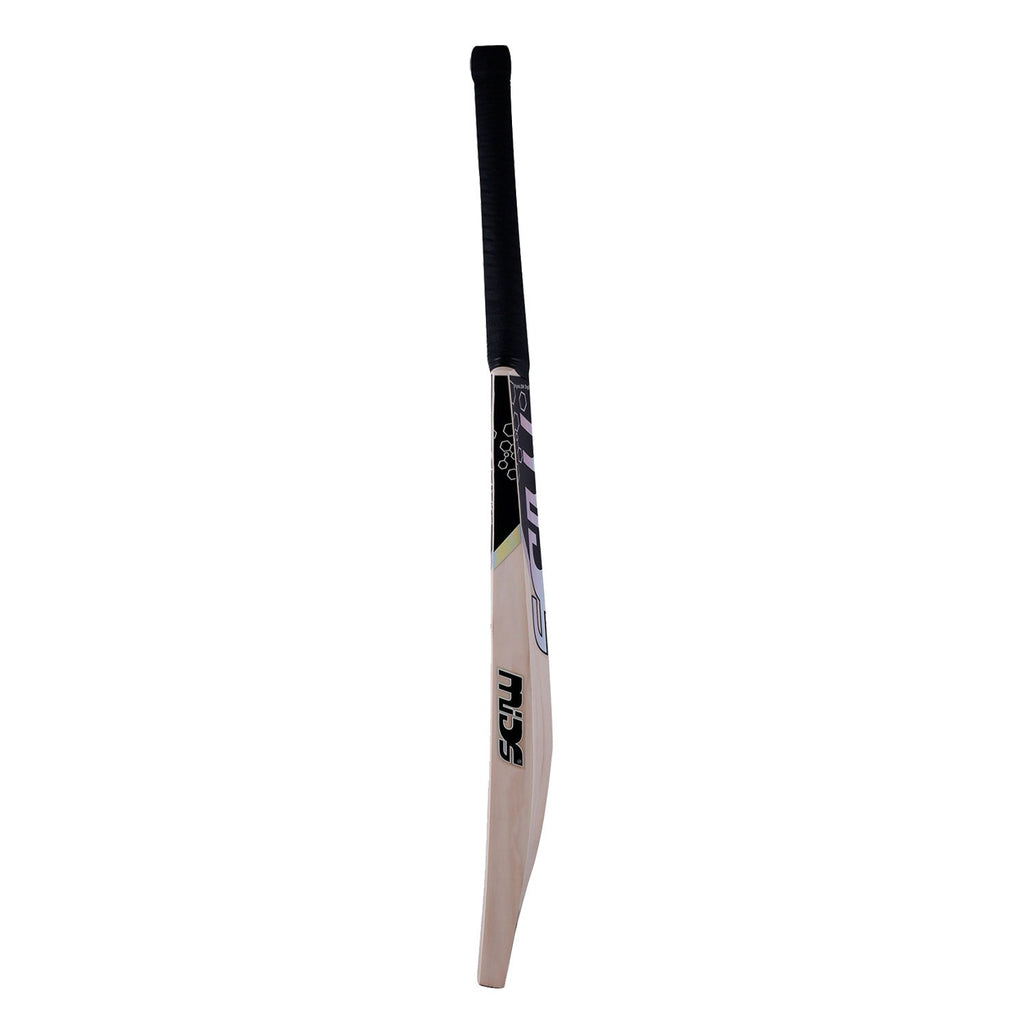 Embossed Mids MM Power stickers on a professional English Willow cricket bat.