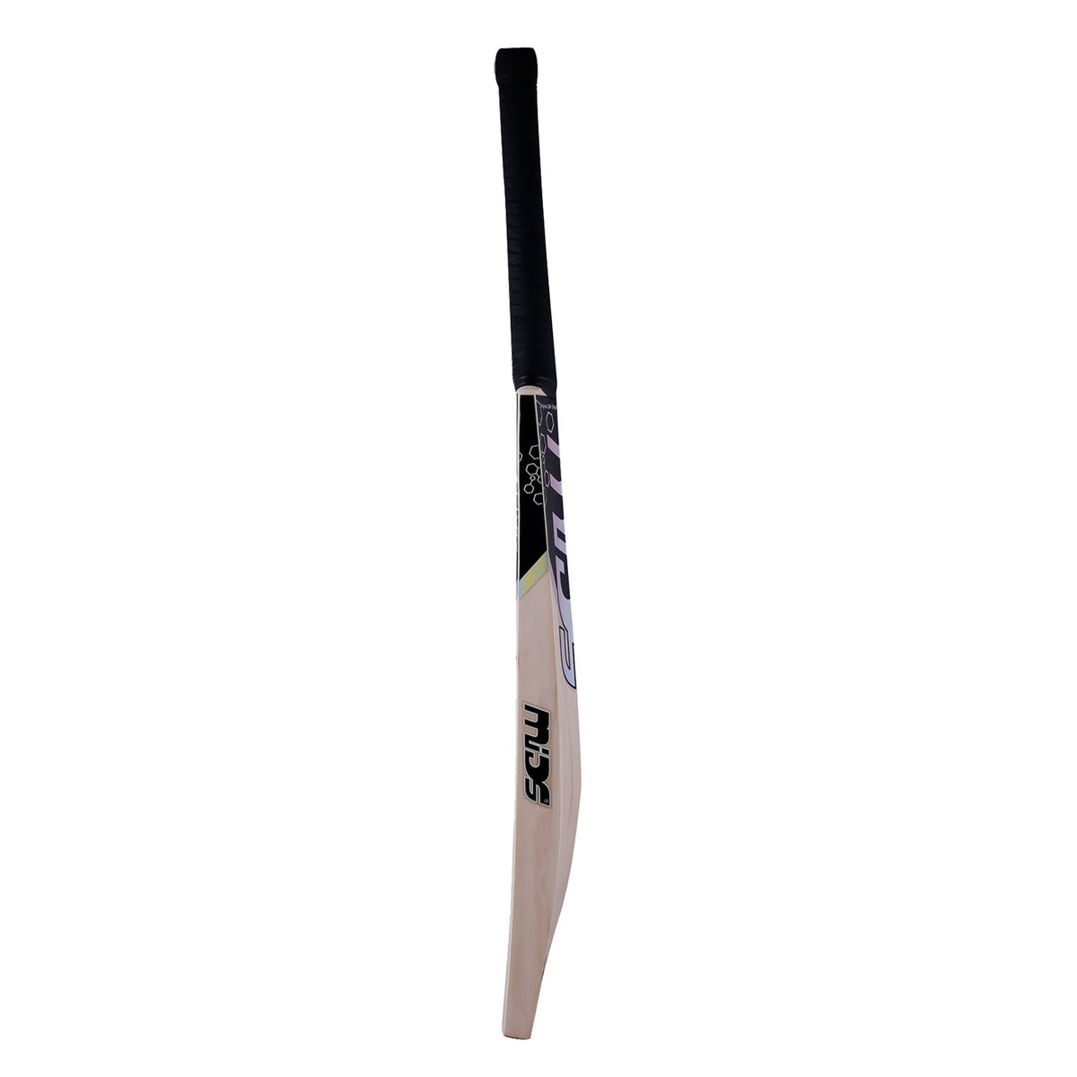 Embossed Mids MM Power stickers on a professional English Willow cricket bat.