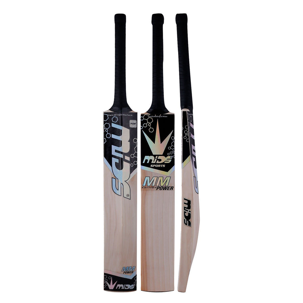 Mids MM Power English Willow Cricket Bat showing the thick power profile and clean face.