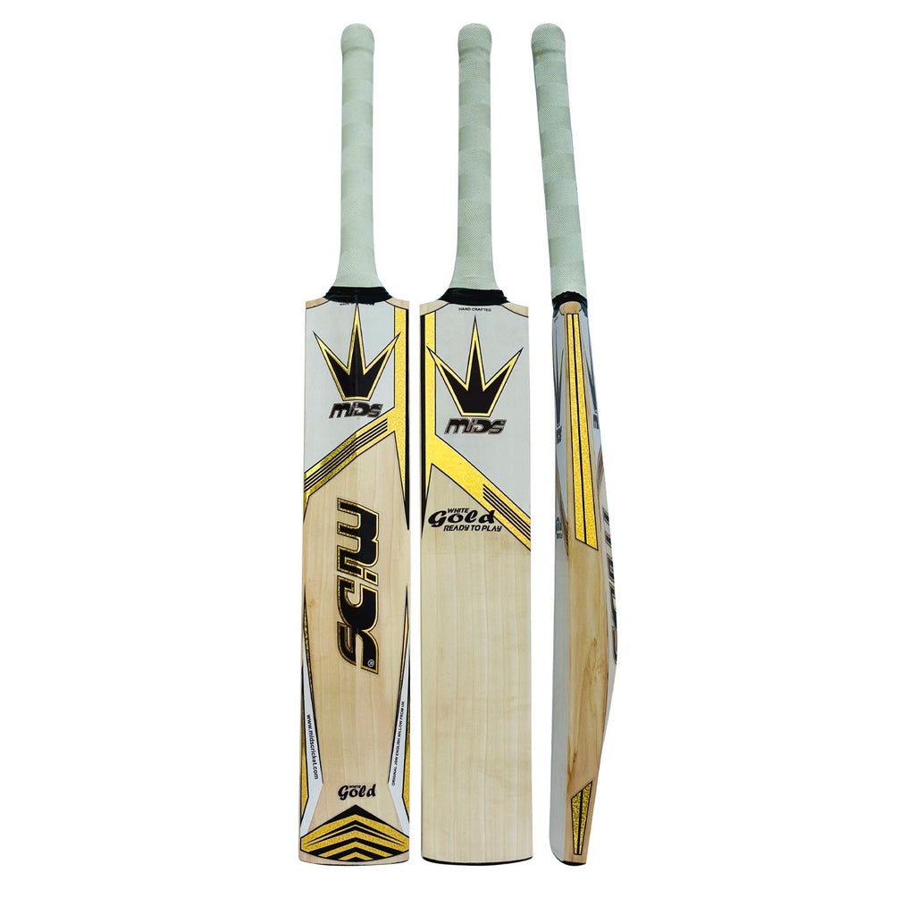  MIDS White Gold cricket bat showing clean straight grains and iconic white and gold design.