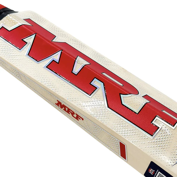 MRF branded cricket bat grip closeup with textured surface