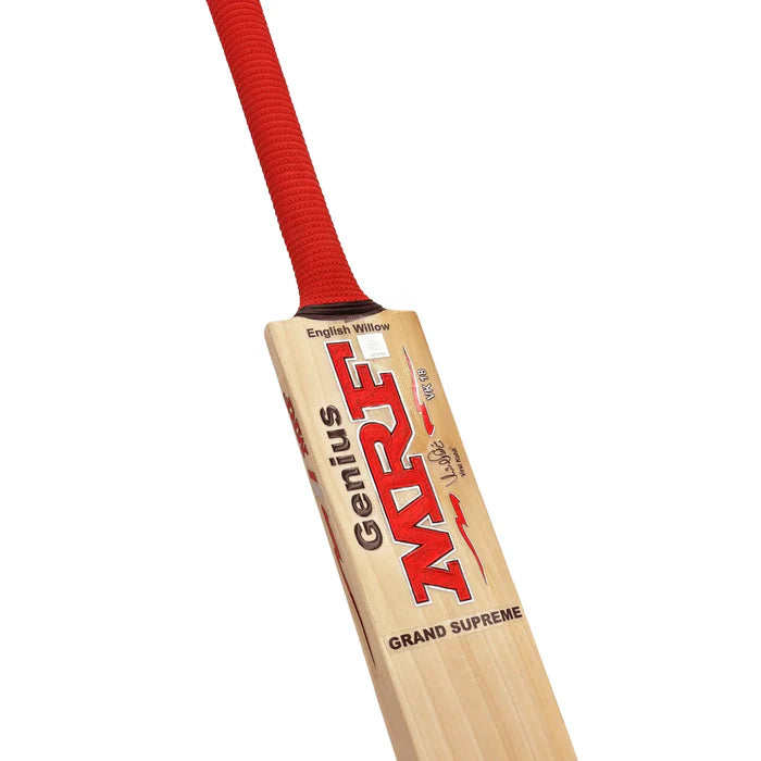 MRF bat specifications and Grade 1 English willow certification label
