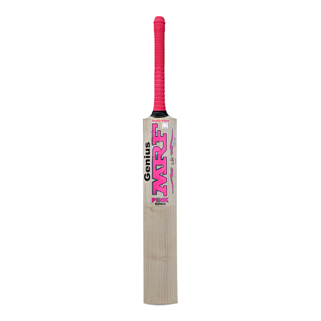 Close-up of the premium English Willow blade and mid-to-low profile sweet spot on the pink edition cricket bat.