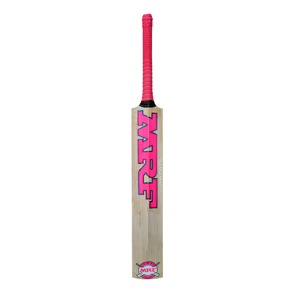 Comfortable rubber grip and short handle of the lightweight MRF Genius bat for female players.