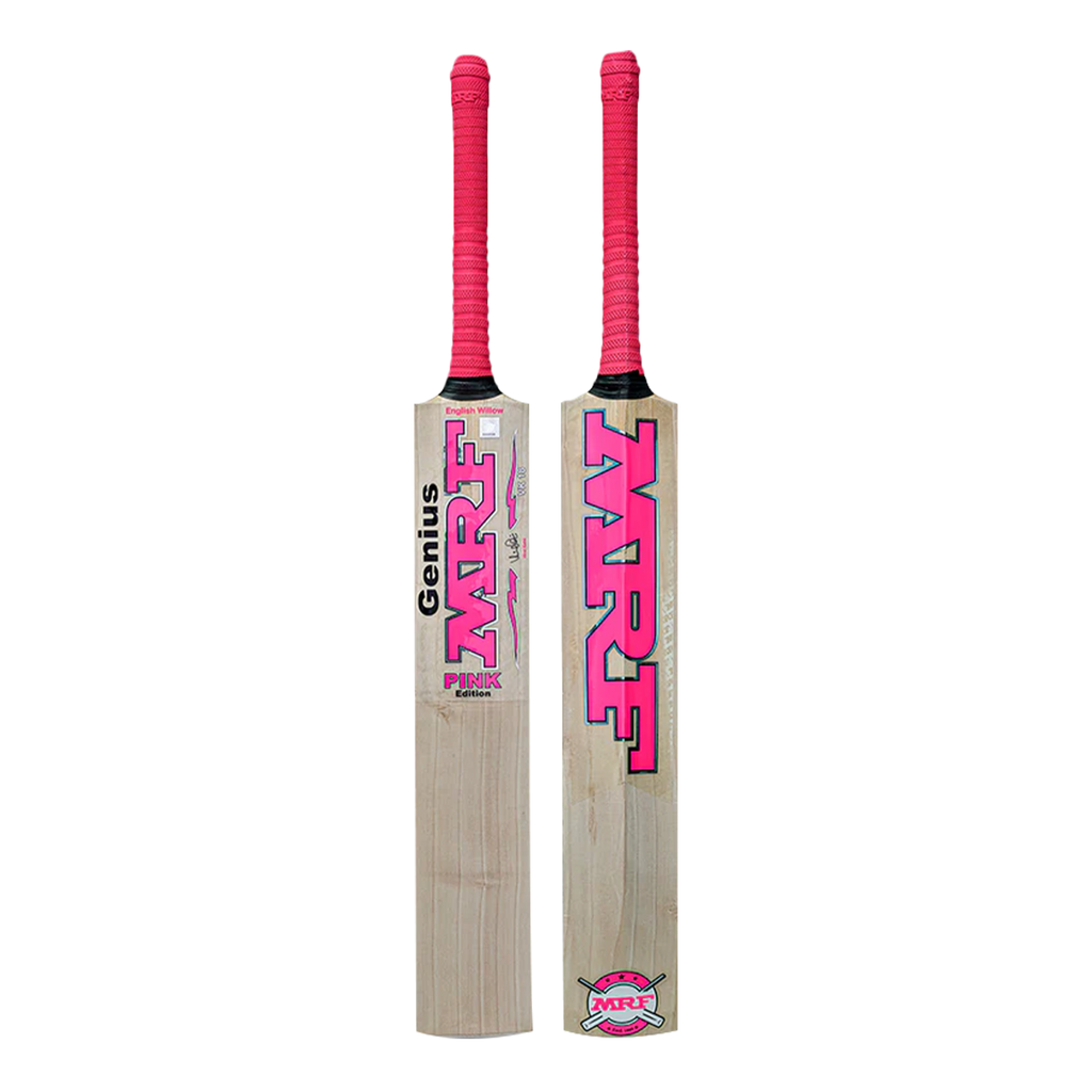 MRF Genius Pink Edition English Willow cricket bat showing its stylish pink and grey design on a clean background.