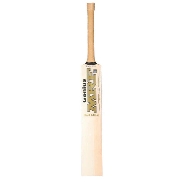 MRF Genius Gold Edition bat showing the extended sweet spot