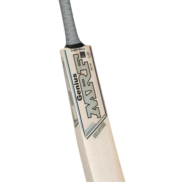 close profile of MRF Genius Silver bat with thick power edges