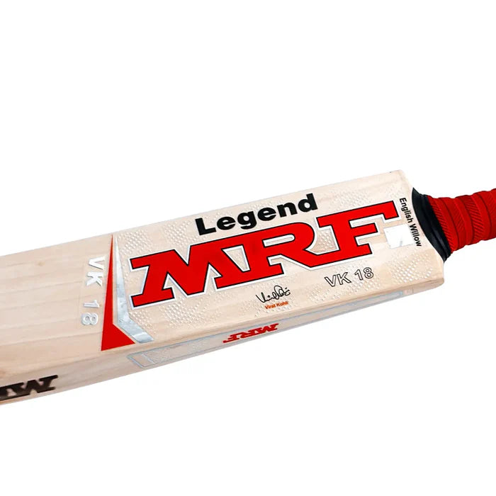 MRF VK 18 Legend Cricket Bat with thick edges and rounded handle for power.