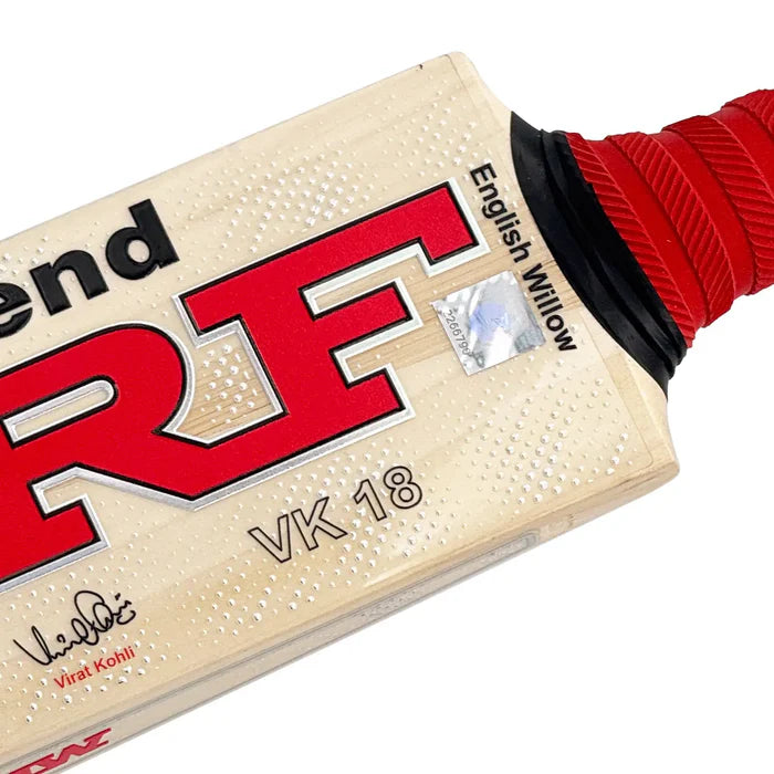 Close-up of the MRF authenticity hologram on the VK 18 Legend Bat.