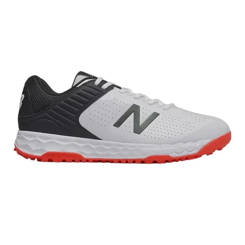 Side profile of New Balance CK4020I4 Cricket Shoes in white, black, and red from Cricketer Point showing the mesh upper.
