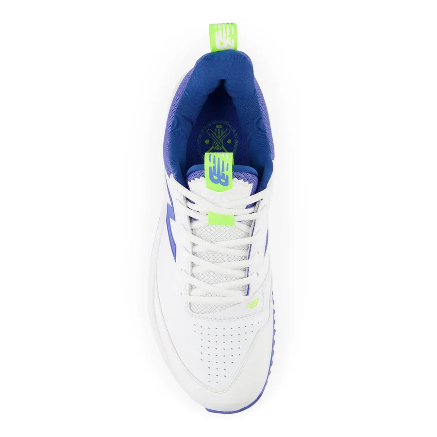 top down view of New Balance CK 4020 R5 Cricket Shoes with vibrant neon green accents.