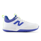 displaying front side angle of white New Balance CK 4020 R5 Cricket Shoes with iconic purple branding.