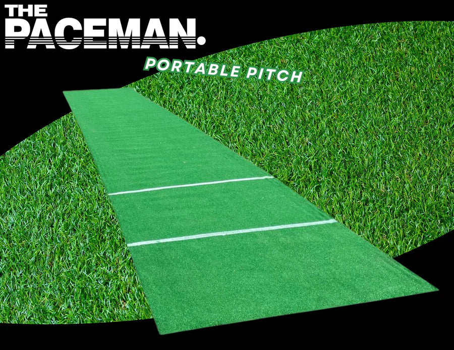 Paceman Portable Pitch 1/2 pitch rolled out fully on flat ground showcasing its clean artificial turf finish.