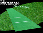 Paceman Portable Pitch 1/2 pitch rolled out fully on flat ground showcasing its clean artificial turf finish.