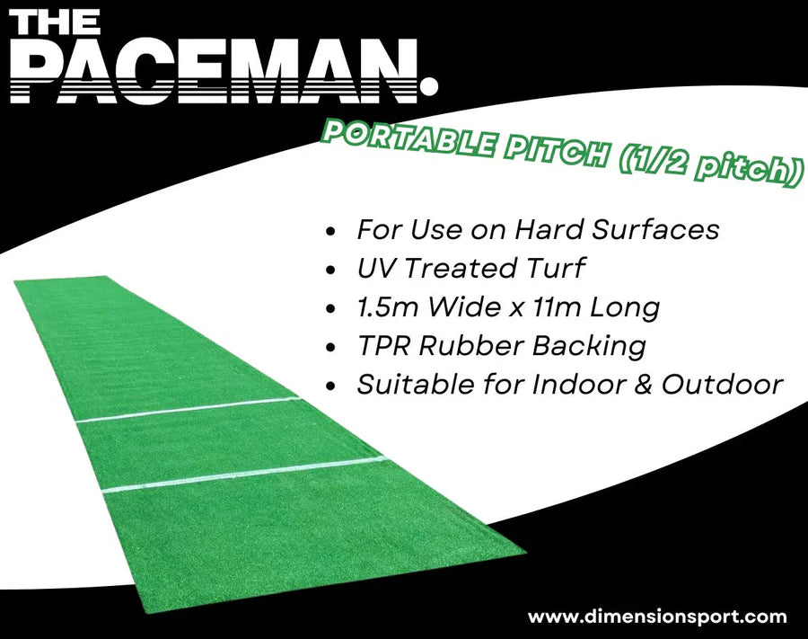 Rolled-up compact view of the portable Paceman half pitch track highlighting its lightweight storage utility.