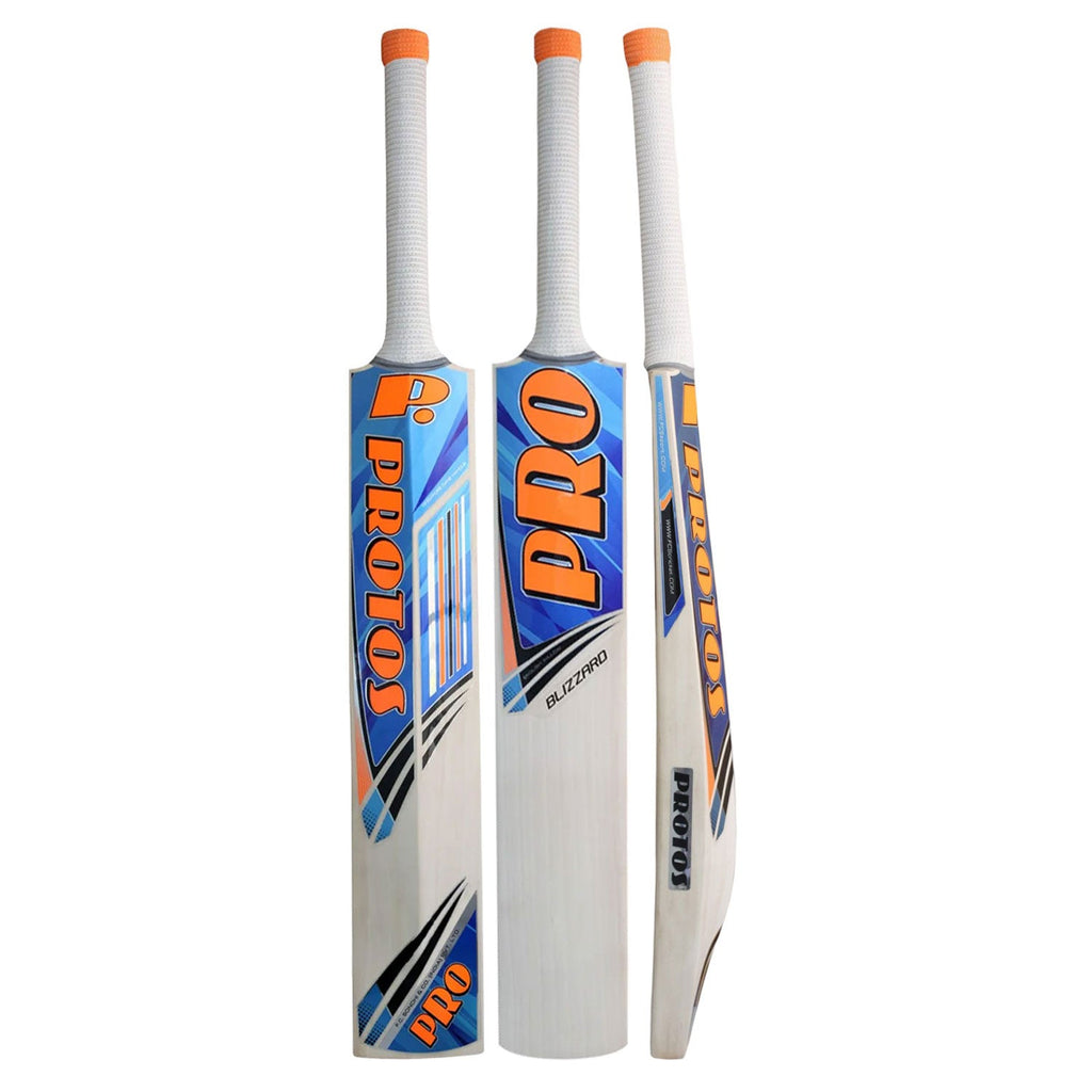 Protos Blizard cricket bat on a pitch, showcasing its low profile shape and large edges for powerful hitting.