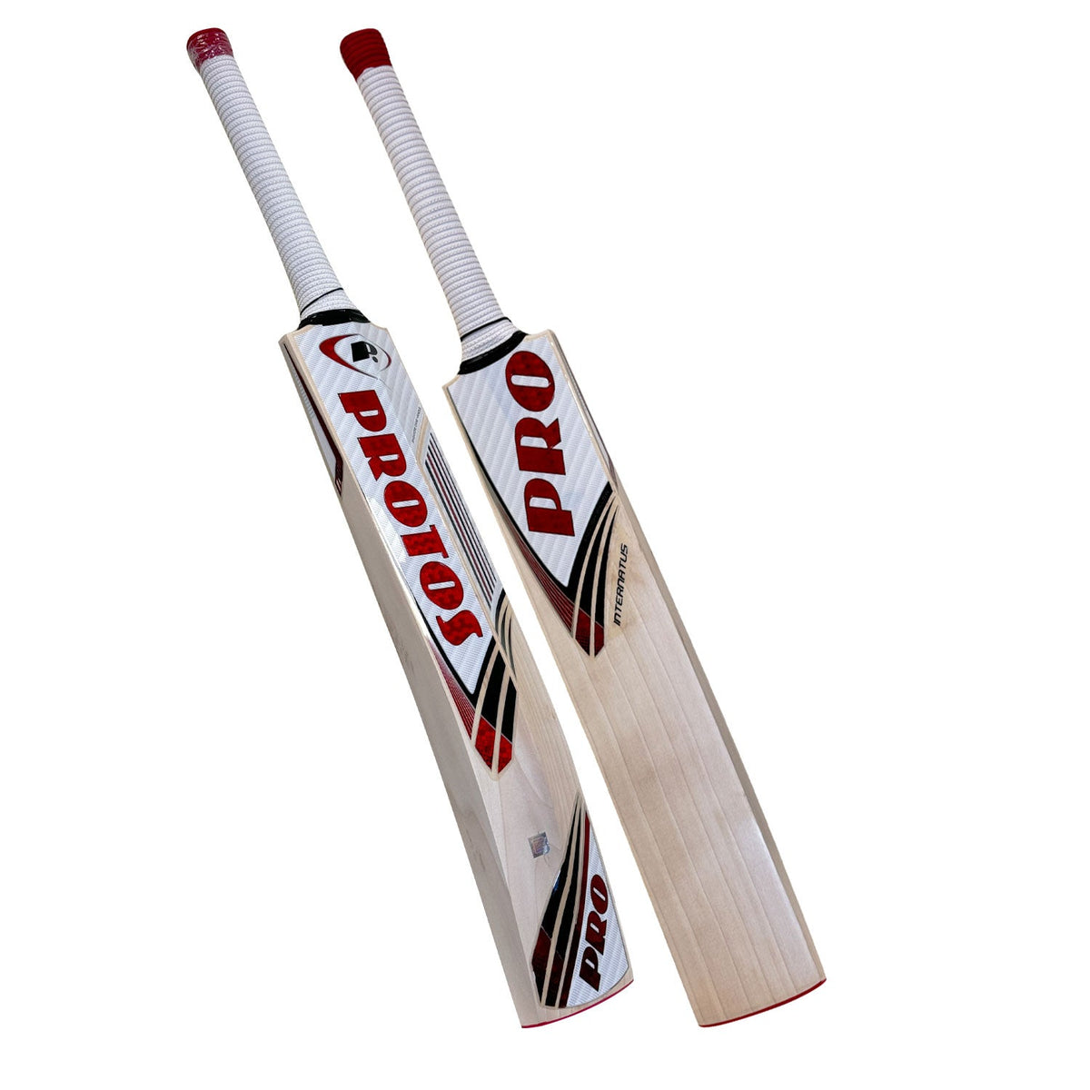Protos Internatus English Willow Cricket Bat showing the full face and stylish green stickers.