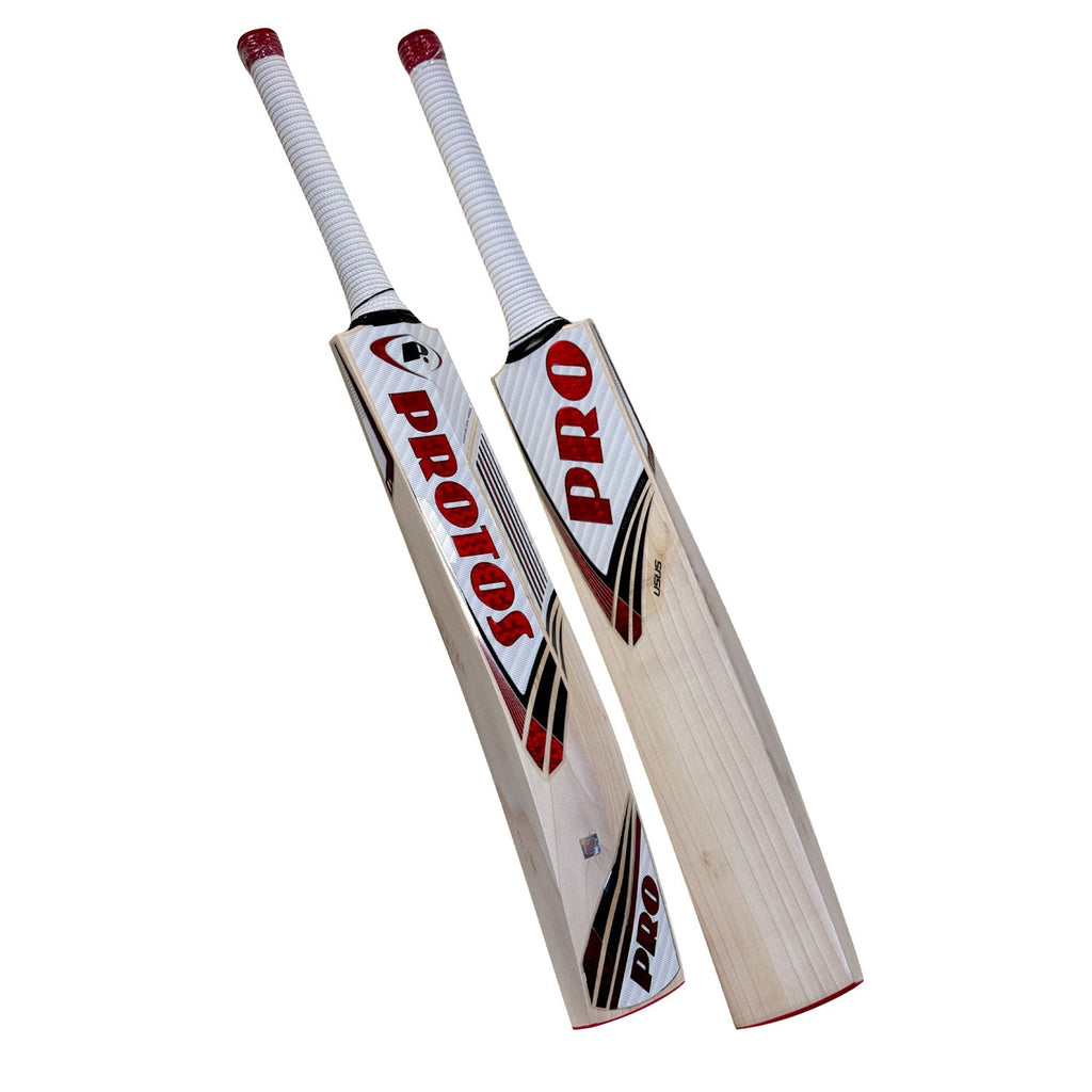 Protos Usus English Willow Cricket Bat showing the full front face and stickers.