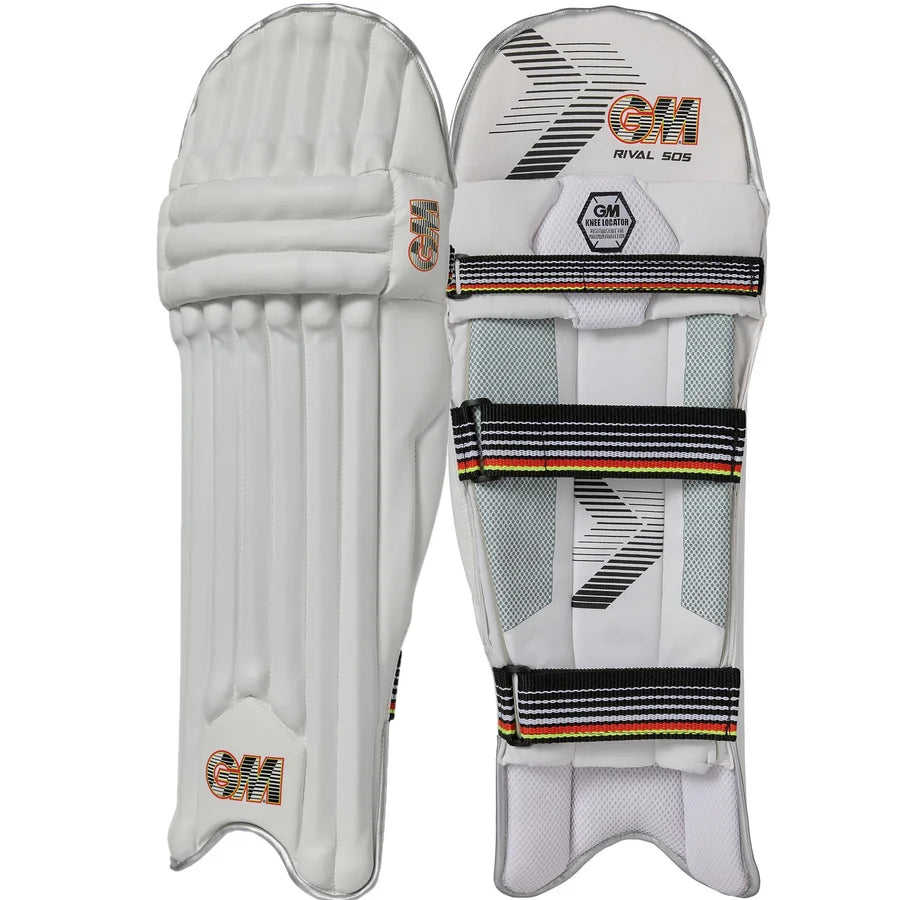 Pair of white Gunn & Moore Rival 505 Batting Pads displaying front cane facing and rear bolsters
