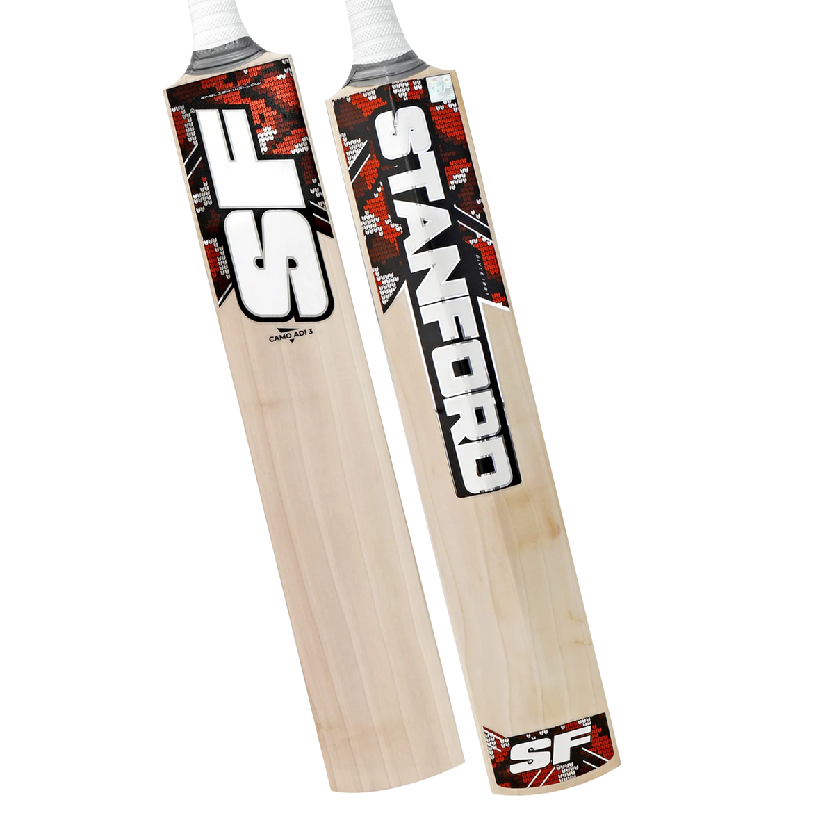 Close-up of the SF CAMO ADI 3 bat's sweet spot and thick edges made from Grade 4 English Willow.