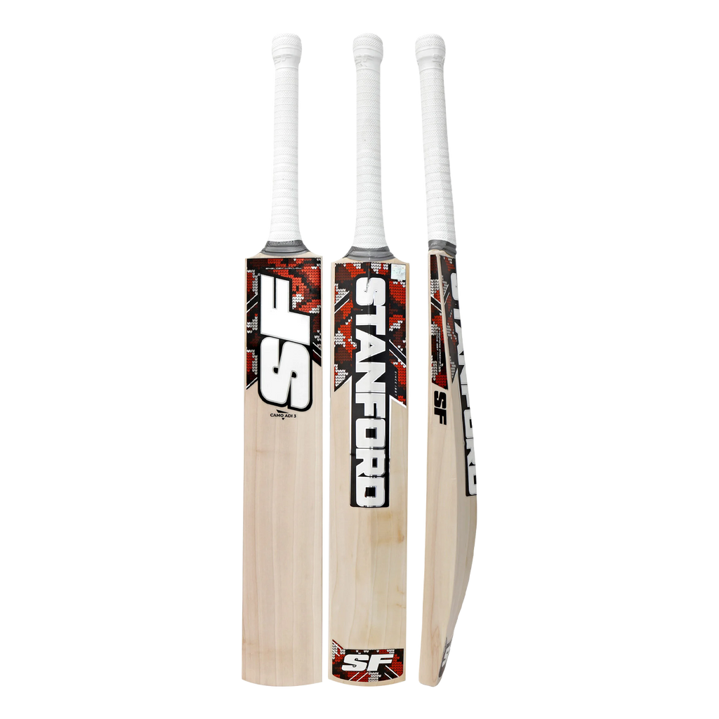 SF CAMO ADI 3 English Willow cricket bat showing its unique camouflage design and professional profile.
