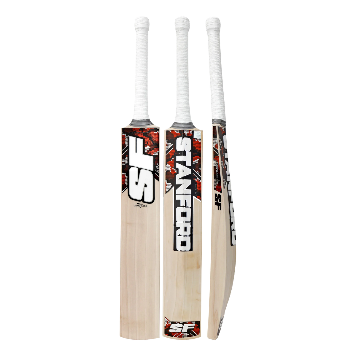 SF CAMO ADI 3 English Willow cricket bat showing its unique camouflage design and professional profile.