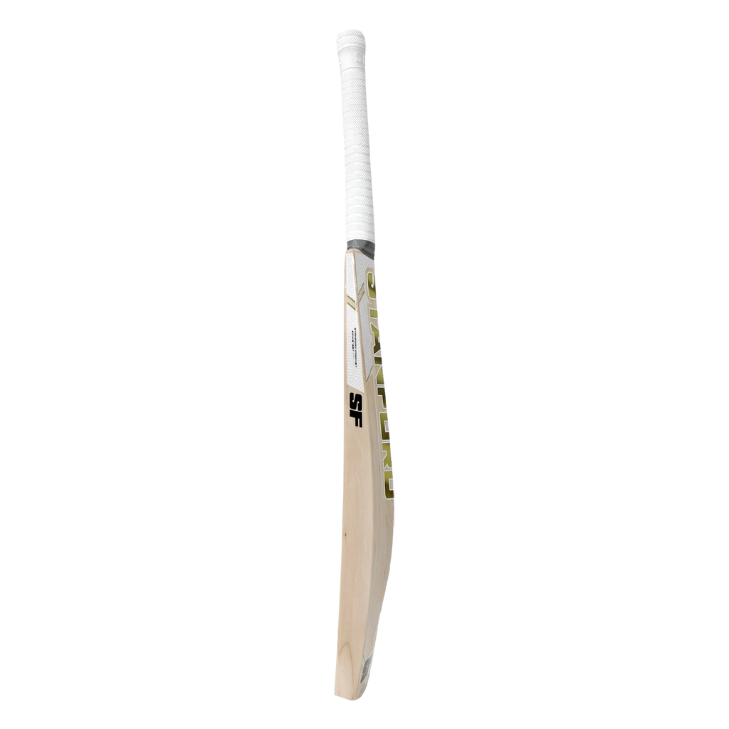 SF Sapphire Heritage bat held in a classic batting stance, showing scale.