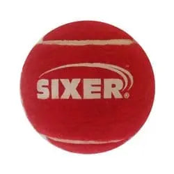 Side perspective of red Sixer Greatways Cricket Tennis Ball showing white felt seam stitching pattern
