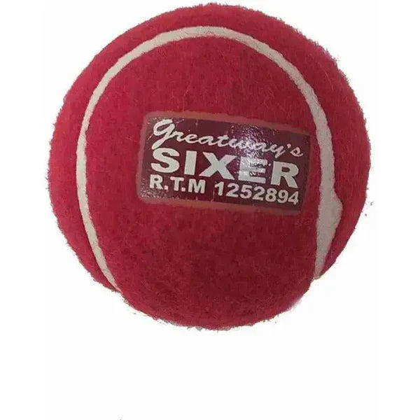 Red Sixer Greatways Cricket Tennis Ball featuring white printed SIXER brand logo and seam lines