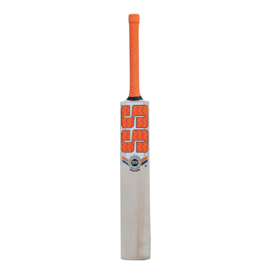 Side profile of SS Orange English Willow Cricket Bat highlighting thick concave TON edges for power.