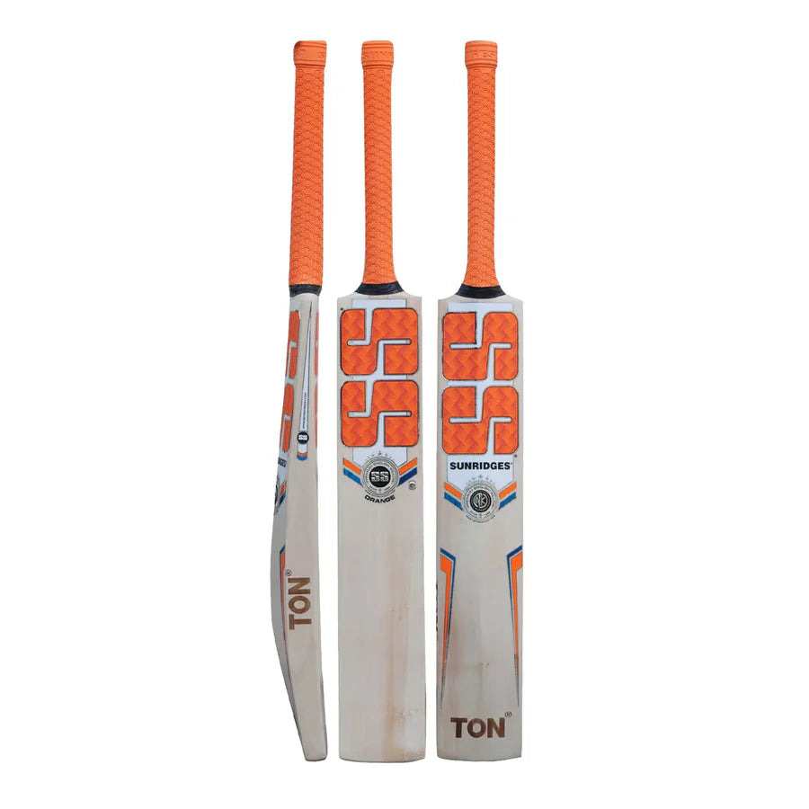 Front view of SS Orange English Willow Cricket Bat SH showing massive sweet spot and clean grain face.