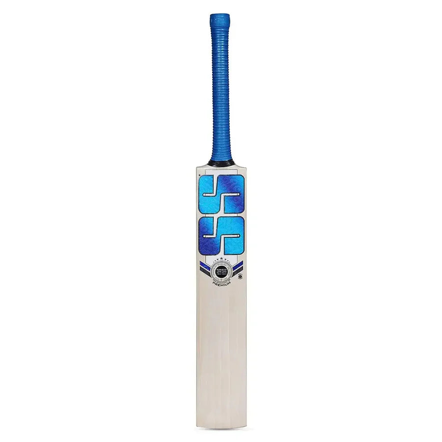 Close-up of SS Premium English Willow Cricket Bat face showing clean grains and SS branding.