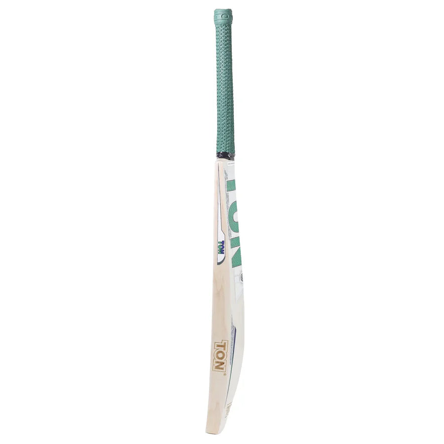 Close-up view of the massive concave TON edge on the cricket bat, highlighting the power-enhancing design.

