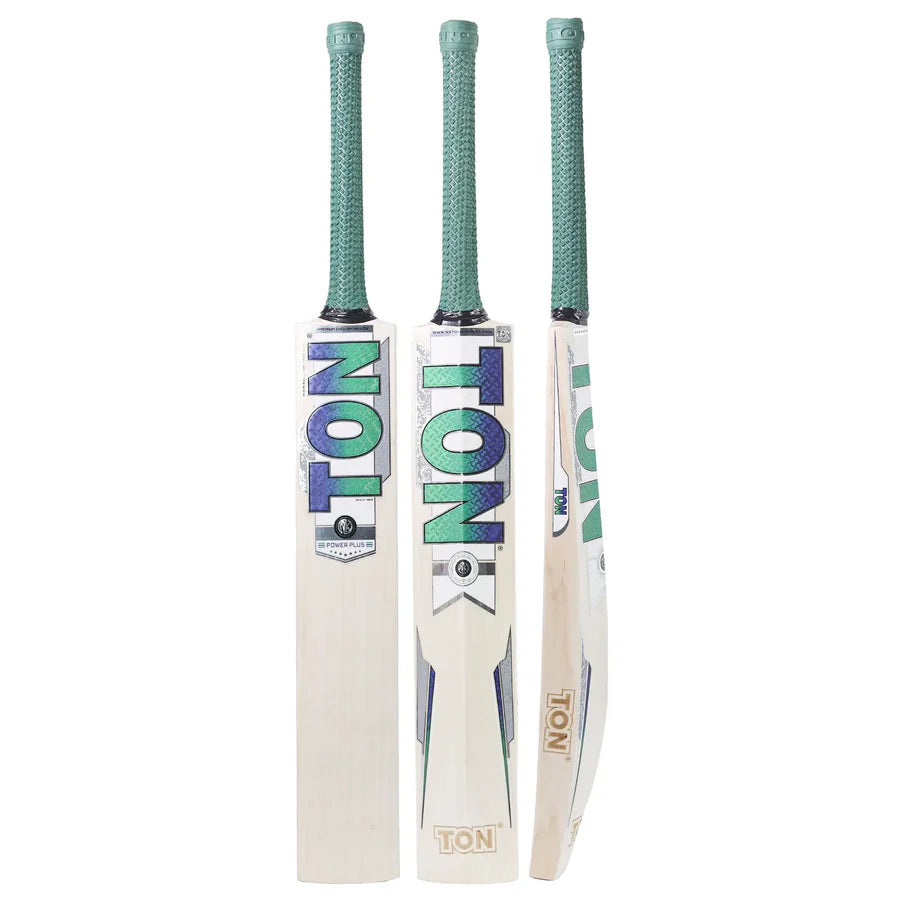 SS TON Power Plus English Willow cricket bat showing its clean face, professional shape, and premium grip.