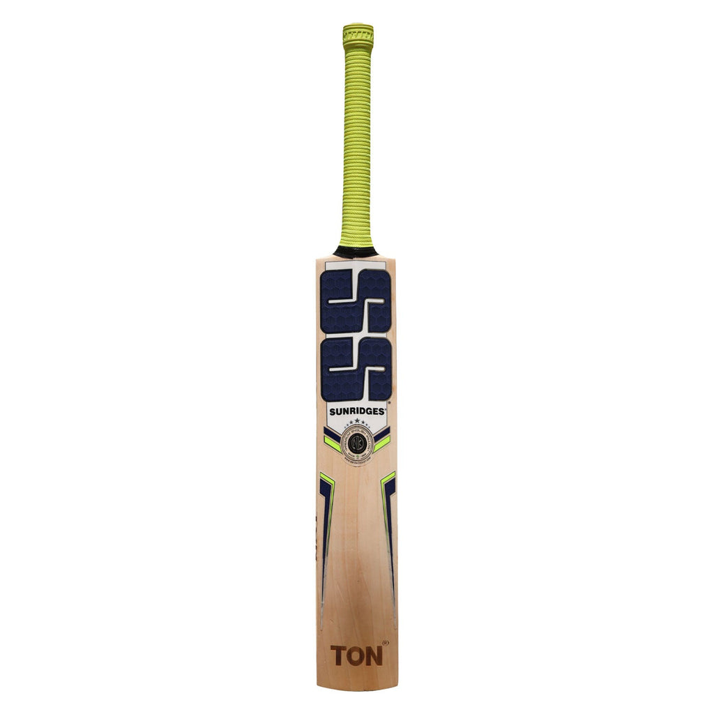 Back of SS Ton Waves English Willow Cricket Bat displaying embossed chrome stickers and spine.