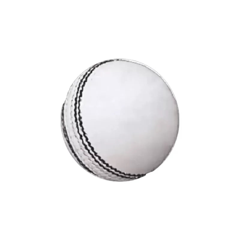 Side angle view of white Supa Cricket Ball highlighting the raised stitched seam construction