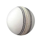 White Supa Cricket Ball showing a real stitched seam with black thread detail against a smooth PVC surface